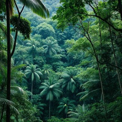 The image features a lush green forest with a dense canopy of trees. The primary subject is a large palm tree, which stands out among the other trees. The setting is a tropical rainforest, with the backdrop being the dense foliage and the surface being the ground covered in dirt. The visual style is a photo, capturing the beauty of the forest and the palm tree. The colors and mood are vibrant and serene, with the greenery and natural beauty of the rainforest creating